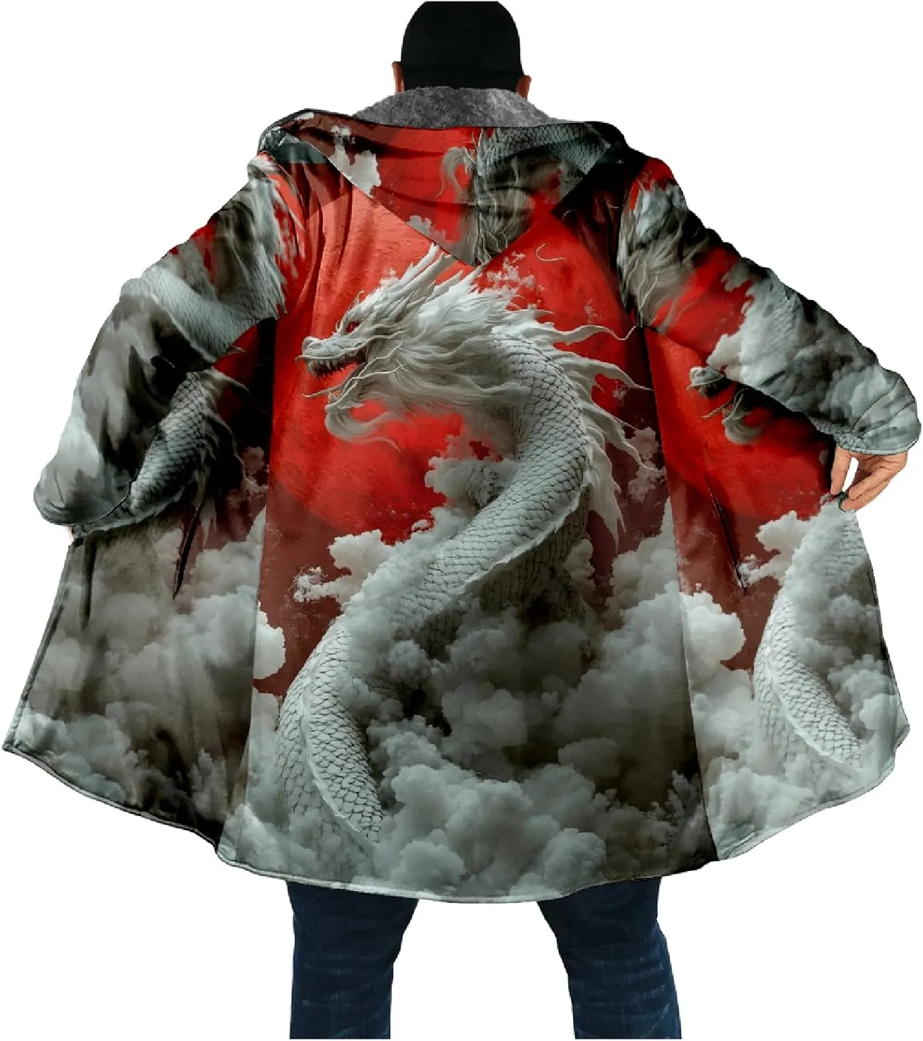 Mens Hooded Cardigan Sweater Japanese Art Zip Up Vintage Long Sleeve Casual Hoodie Dragon Print Coat with Pockets