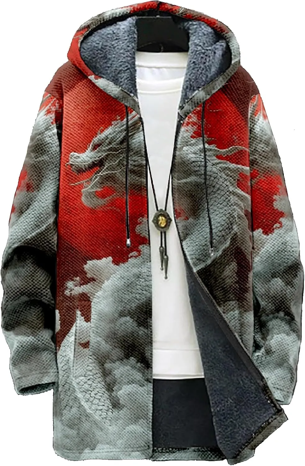 Mens Hooded Cardigan Sweater Japanese Art Zip Up Vintage Long Sleeve Casual Hoodie Dragon Print Coat with Pockets