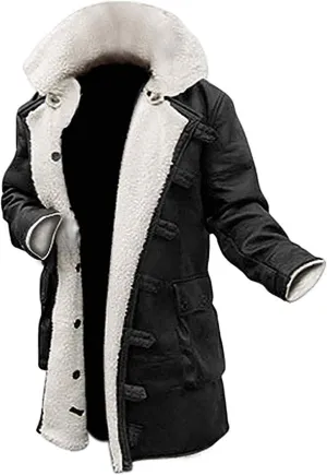 Men's Lambskin Leather Trench Coat - Black & Brown Knee-Length Shearling Jacket - Tactical Green Vest & Cotton Pant
