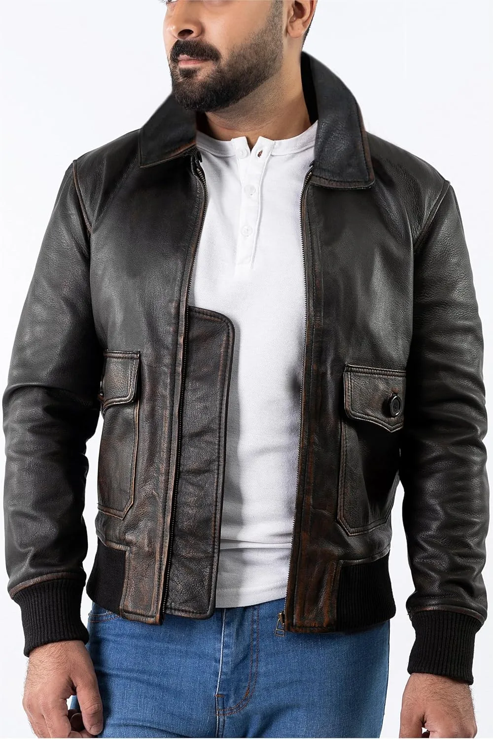 Mens Leather Jacket Black | Real Leather Biker Jacket With Distressed Exterior | Motorcycle Clothing in Vintage Styling
