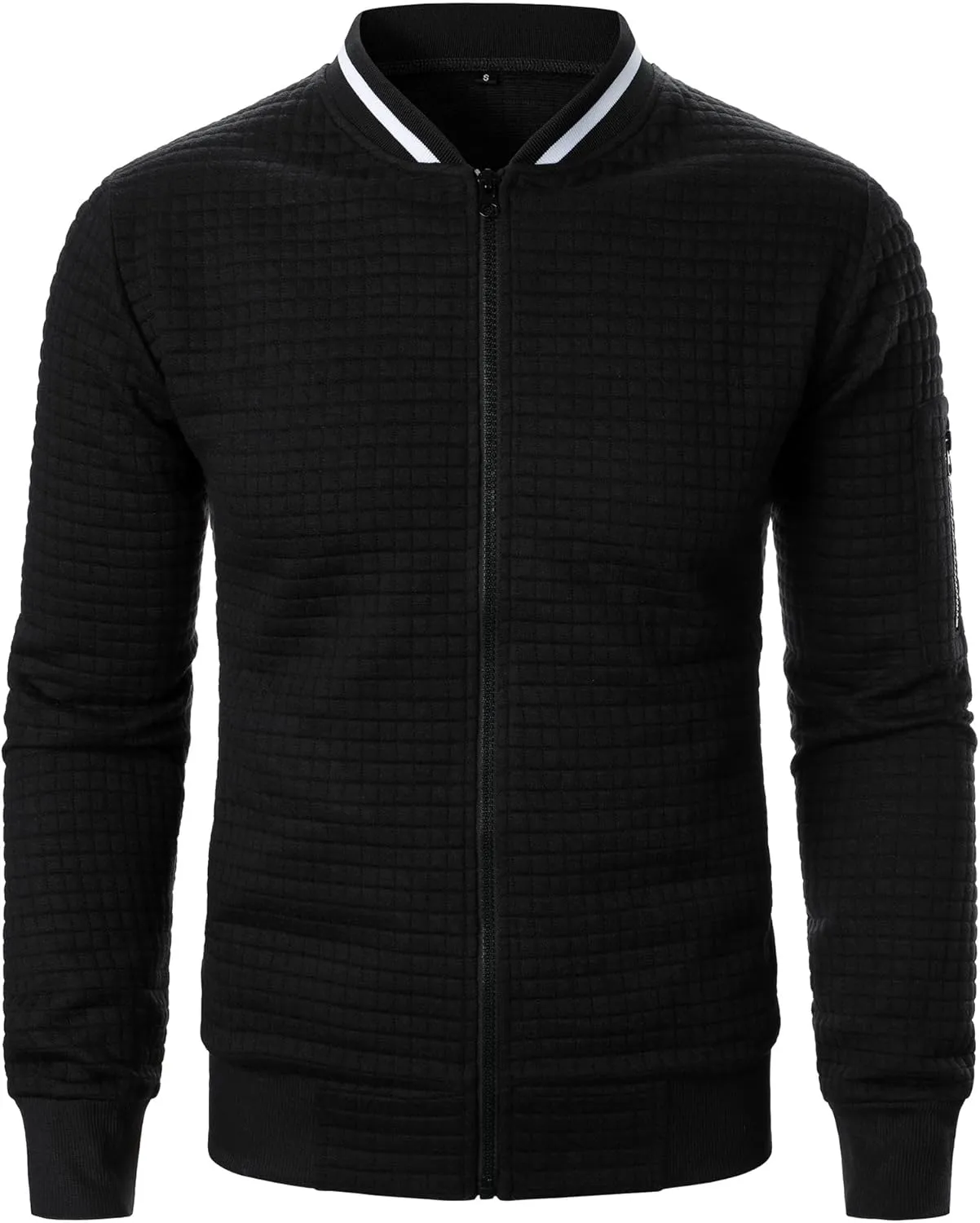 Men's Lightweight Varsity Jacket Full Zip Plaid Jacquard Jacket Stand Collar Waffle Coat Fashion Coat with Pockets