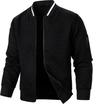 Men's Lightweight Varsity Jacket Full Zip Plaid Jacquard Jacket Stand Collar Waffle Coat Fashion Coat with Pockets