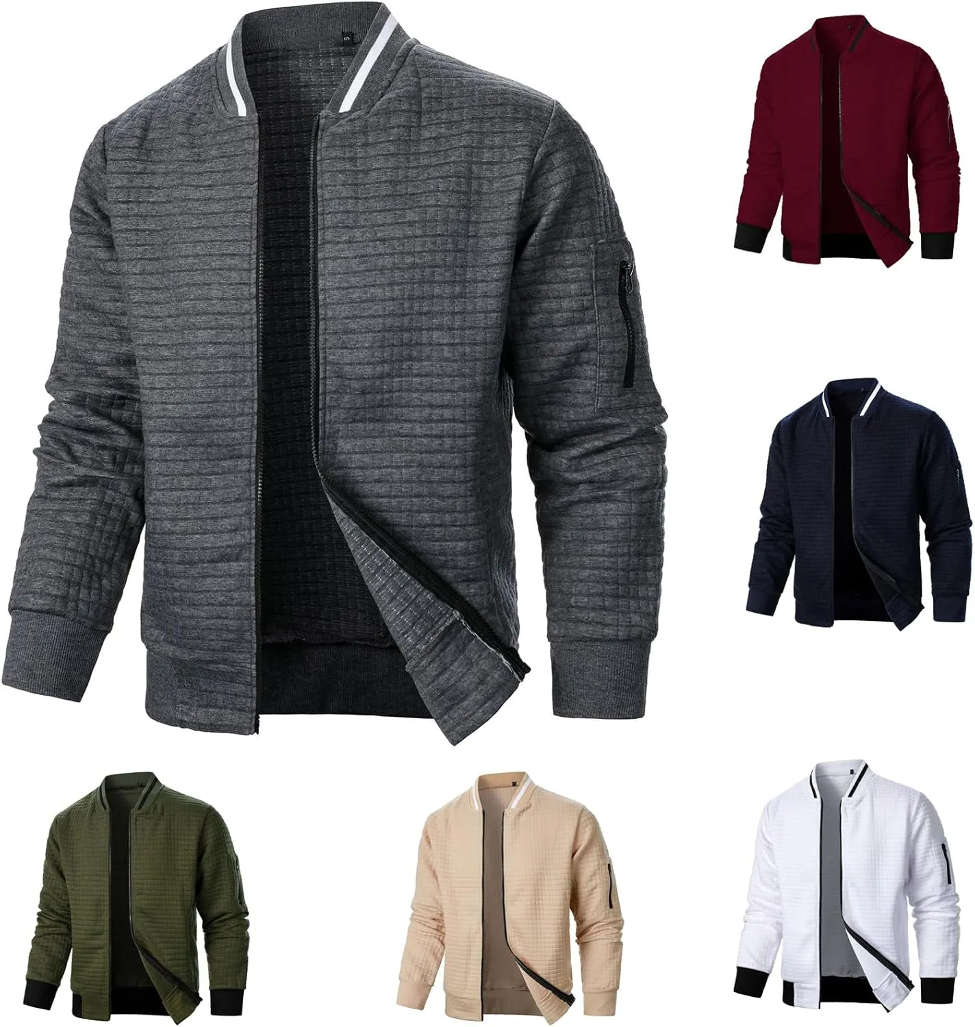Men's Lightweight Varsity Jacket Full Zip Plaid Jacquard Jacket Stand Collar Waffle Coat Fashion Coat with Pockets