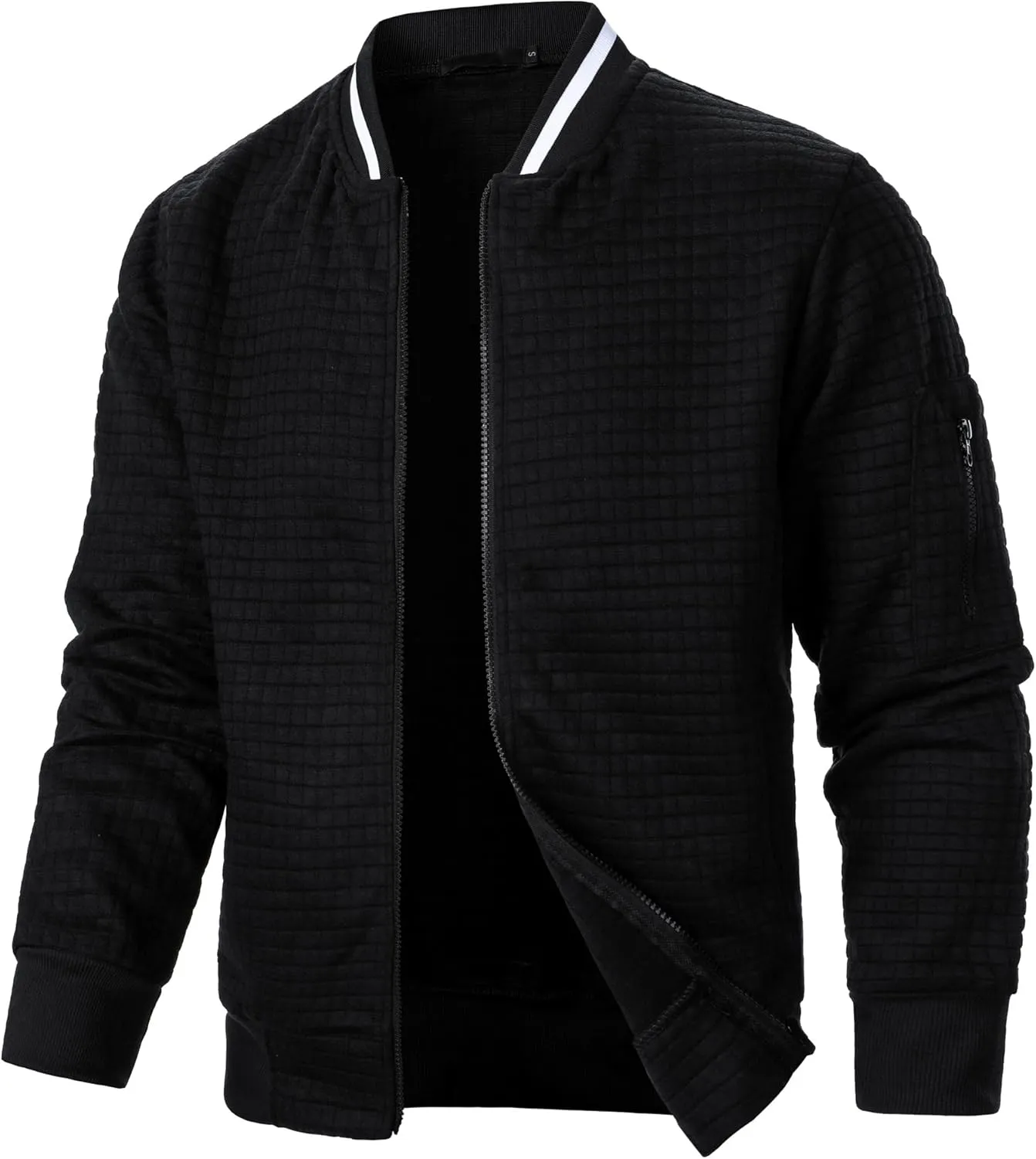 Men's Lightweight Varsity Jacket Full Zip Plaid Jacquard Jacket Stand Collar Waffle Coat Fashion Coat with Pockets
