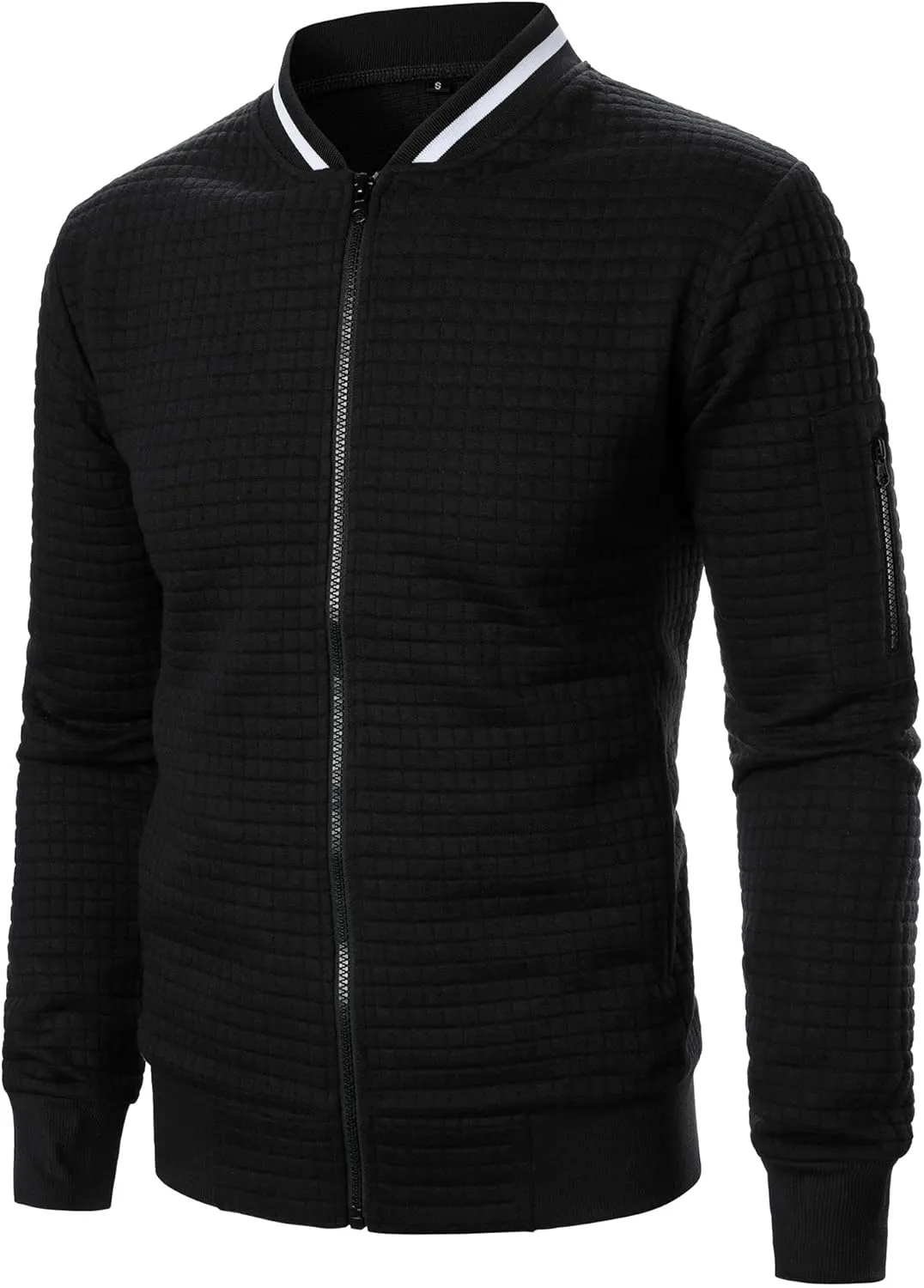 Men's Lightweight Varsity Jacket Full Zip Plaid Jacquard Jacket Stand Collar Waffle Coat Fashion Coat with Pockets