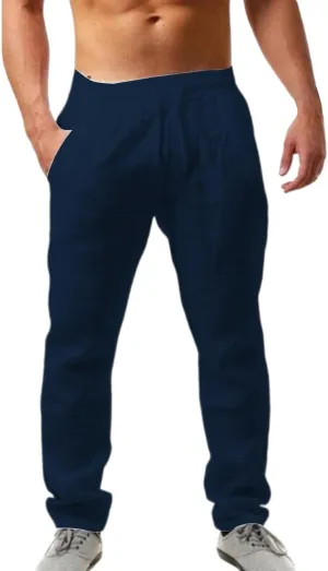 Men's Linen Pants Plain Casual Pant Summer Outdoor Vacation Beach Plus Size Trousers Lightweight Open Bottom Slacks