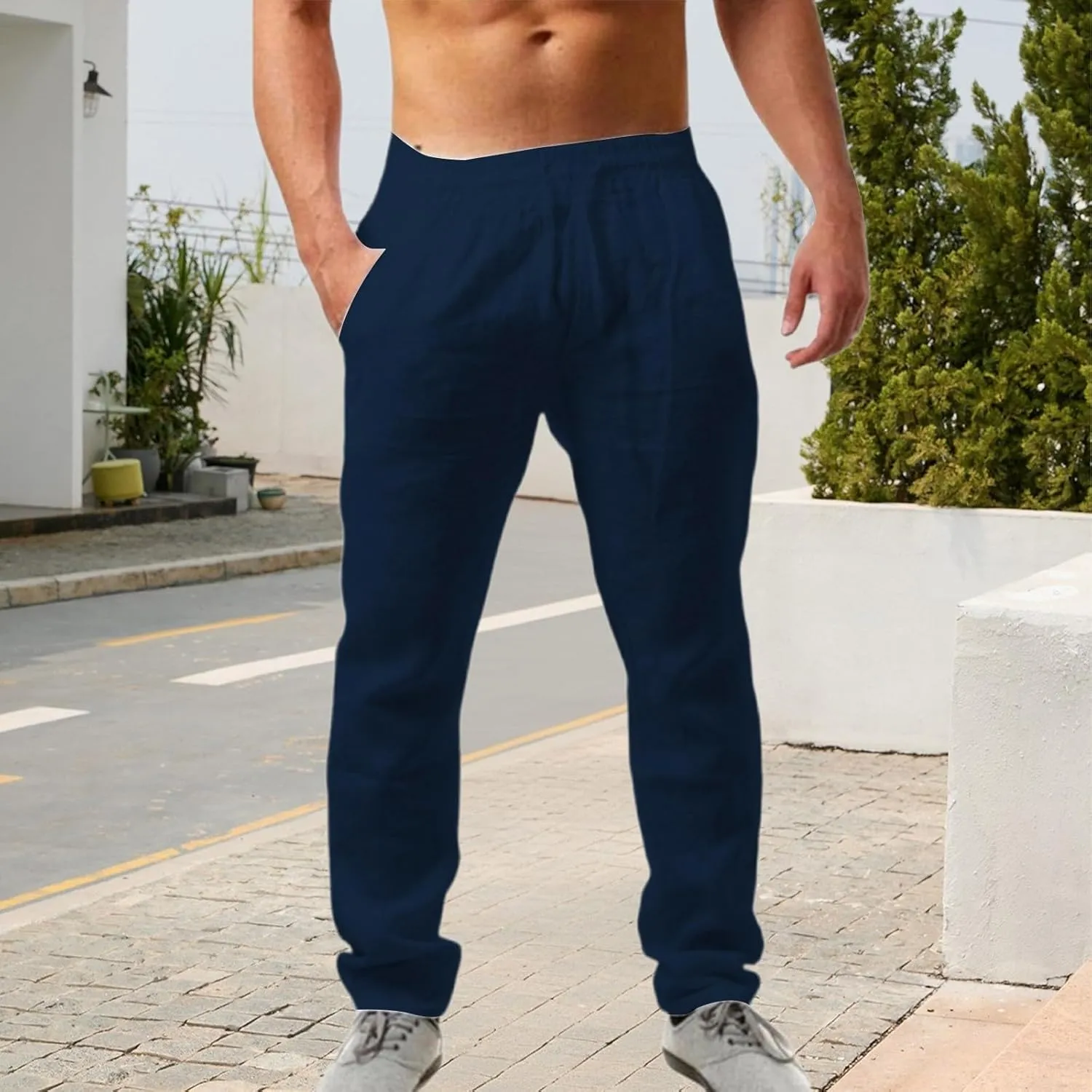 Men's Linen Pants Plain Casual Pant Summer Outdoor Vacation Beach Plus Size Trousers Lightweight Open Bottom Slacks