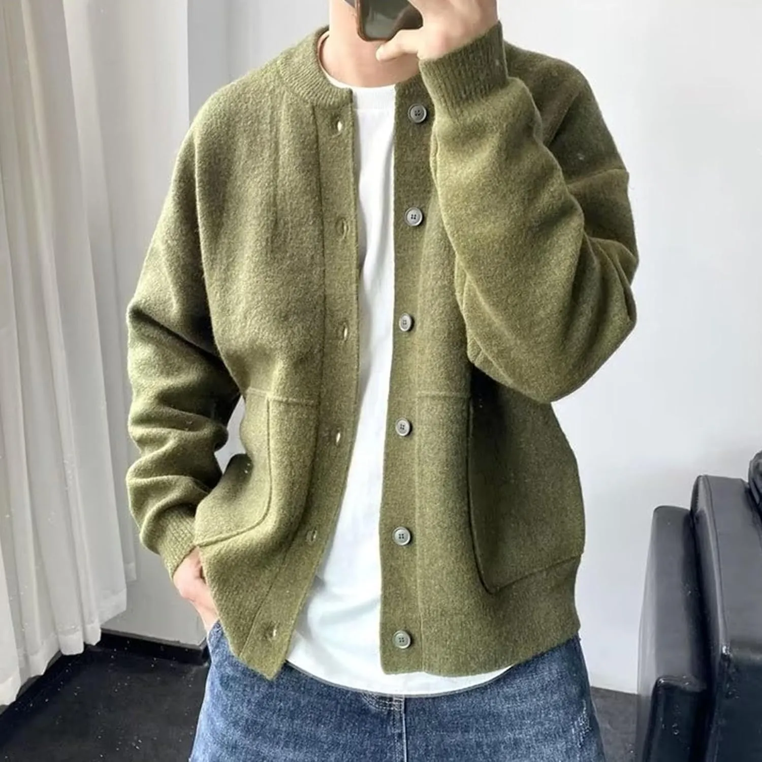 Men's Loose Fit Button Down Sweater Knitted Crew Neck Casual Sweater Cardigan Fashion Long Sleeve Sweaters