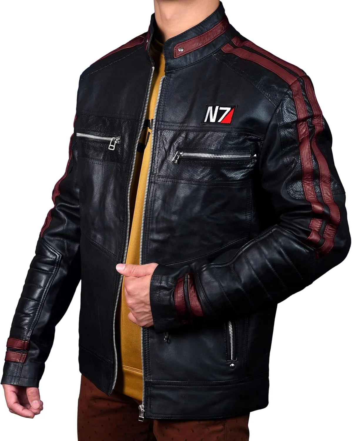 Mens Mass Effect N7 Real Leather Biker Black Motorcycle Jacket