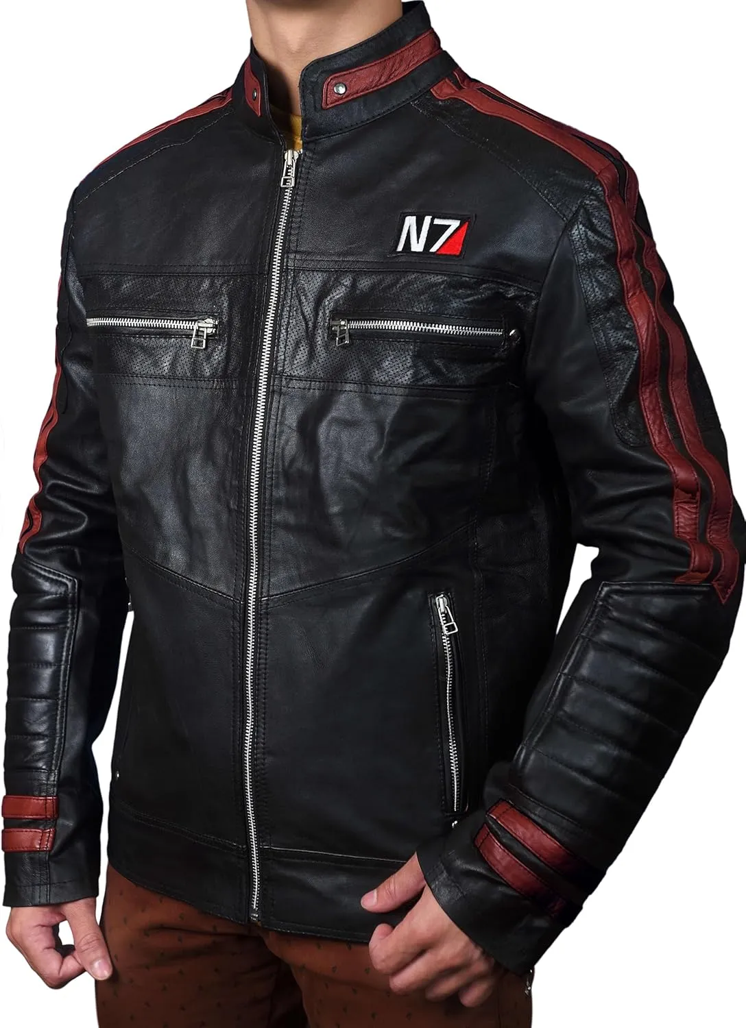 Mens Mass Effect N7 Real Leather Biker Black Motorcycle Jacket