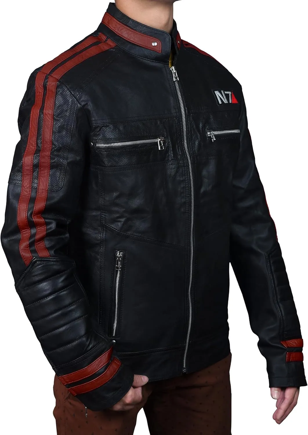 Mens Mass Effect N7 Real Leather Biker Black Motorcycle Jacket