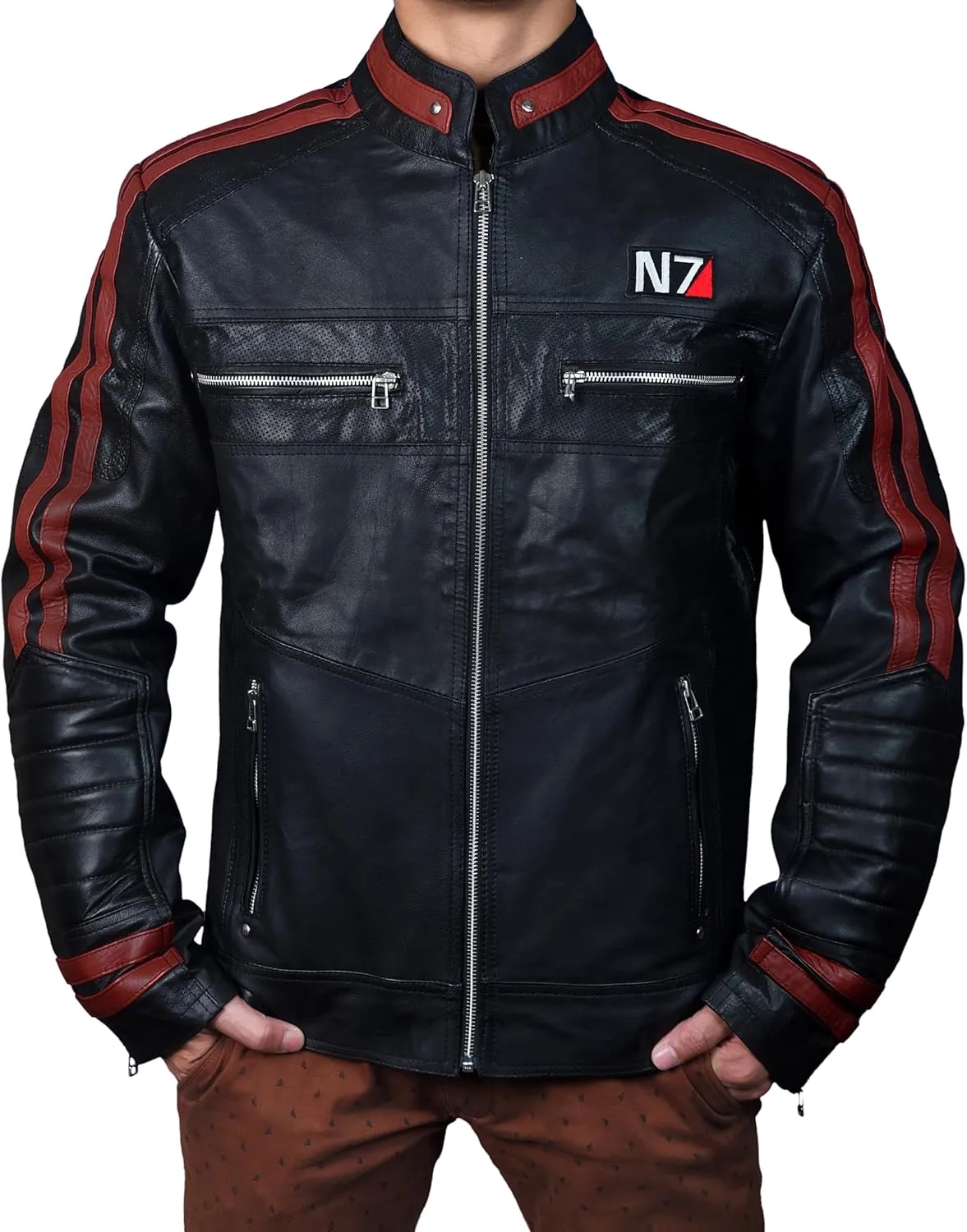 Mens Mass Effect N7 Real Leather Biker Black Motorcycle Jacket