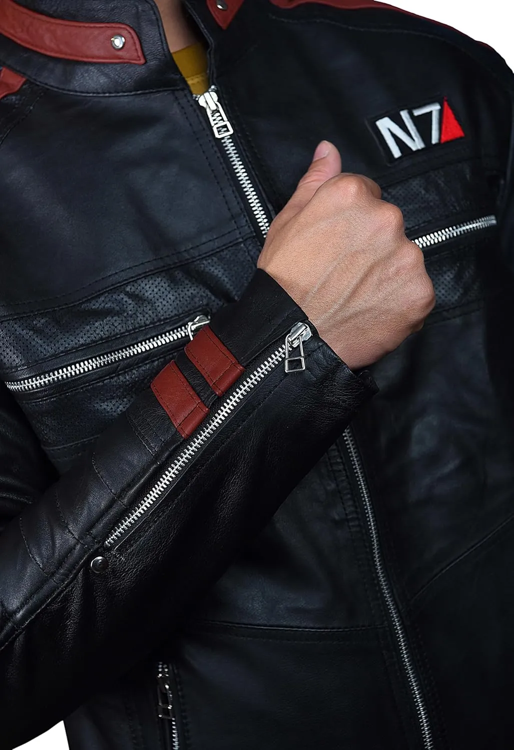 Mens Mass Effect N7 Real Leather Biker Black Motorcycle Jacket