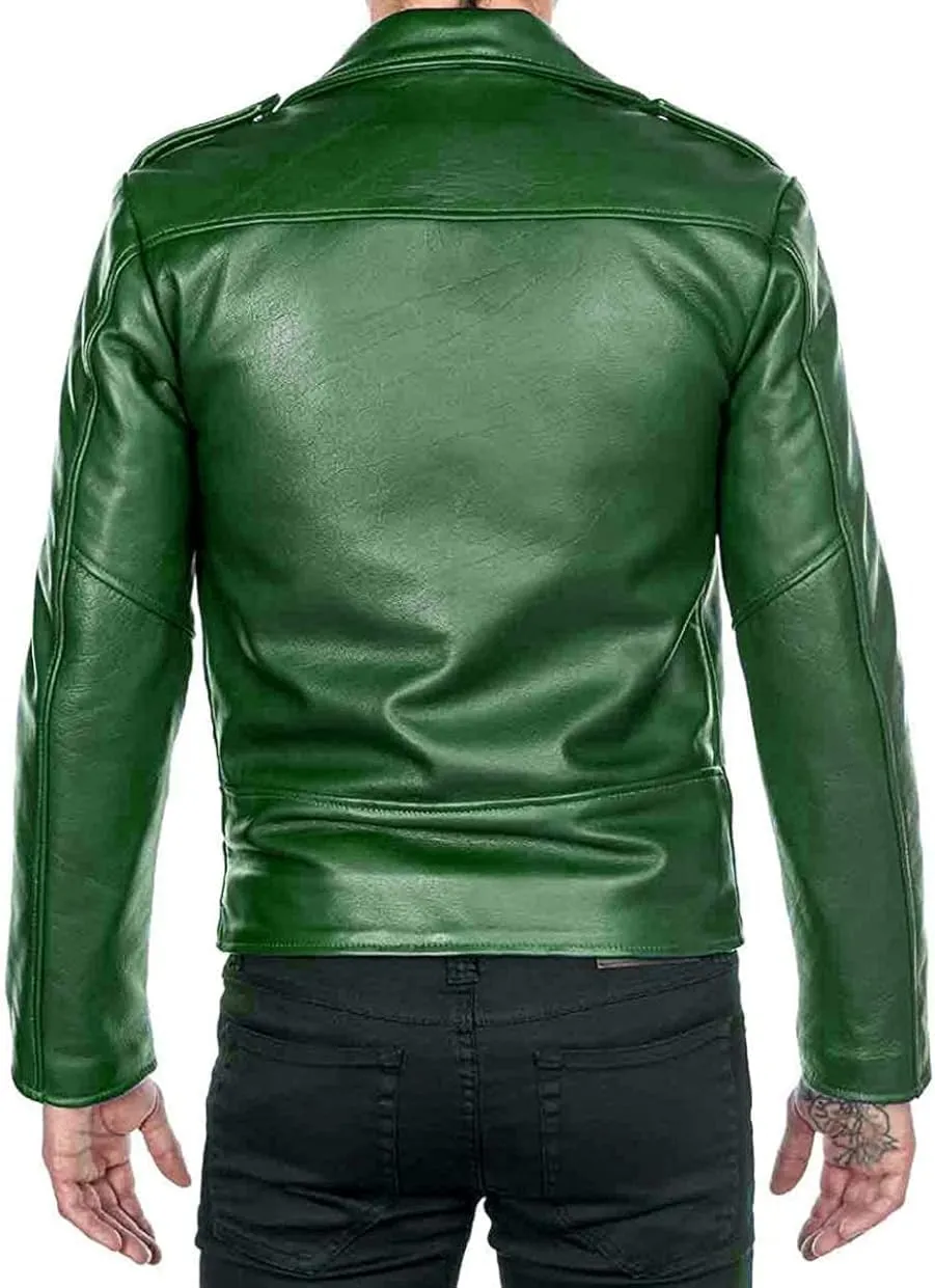 Mens Motorcycle Green Leather Jacket - Classic Brando Biker Leather Jacket Men