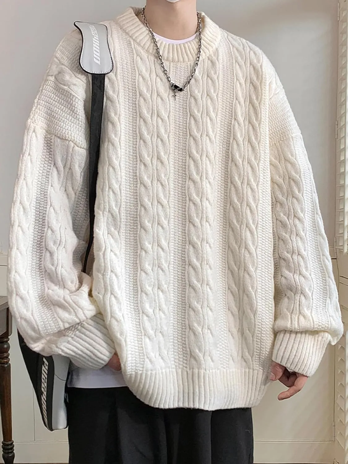 Mens Oversized Sweater Unisex Long Sleeve Cable Knit Sweaters Aesthetic Streetwear Casual Sweater Jumper Tops