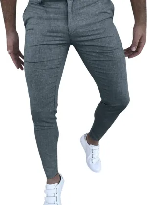 Men's Plaid Slim Fit Dress Pants Skinny Stretch Casual Work Business Pants Flat-Front Pocket Solid Color Pencil Trousers
