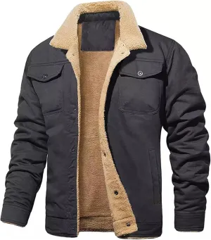 Men's Sherpa Jacket, Lined Sherpa Jacket Warm Trucker Coat Turn-Down Collar Cargo Jacket Men's Winter Jacket