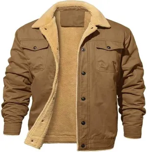 Men's Sherpa Jacket, Lined Sherpa Jacket Warm Trucker Coat Turn-Down Collar Cargo Jacket Men's Winter Jacket