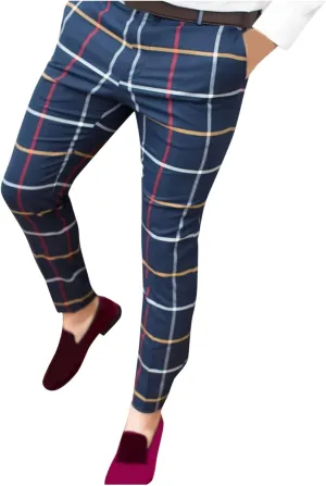 Men's Skinny Fit Plaid Pants Casual Work Office Business Dress Pants Stretch Slim Fit Casual Trousers Golf Work Long Pants Comfy Flat Front Chinos Suit Pants Mens Trousers Fall Dark Blue