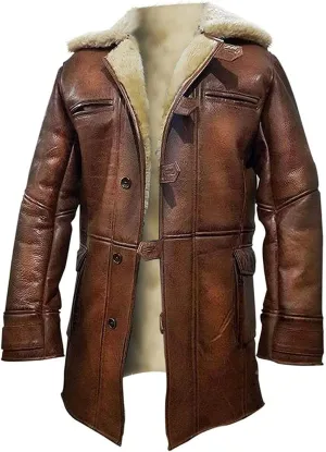 Mens Tom Hardy Dark Knight Bane Faux Fur Shearling Black Leather trench Swedish Bomber Coat