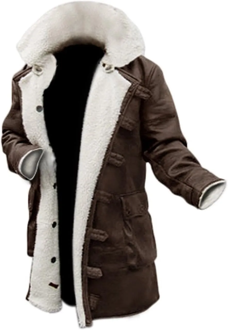 Mens Tom Hardy Dark Knight Bane Faux Fur Shearling Black Leather trench Swedish Bomber Coat
