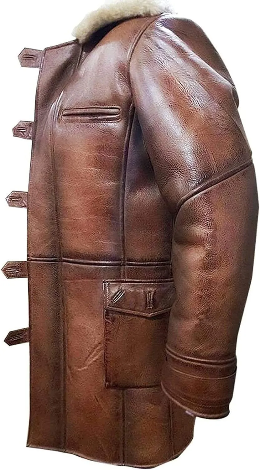 Mens Tom Hardy Dark Knight Bane Faux Fur Shearling Black Leather trench Swedish Bomber Coat