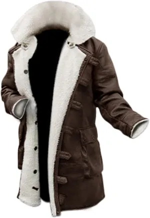 Mens Tom Hardy Dark Knight Bane Faux Fur Shearling Black Leather trench Swedish Bomber Coat