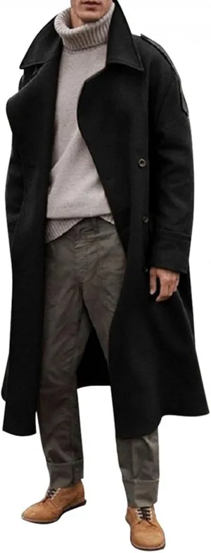 Mens Trench Coat Autumn Winter Solid Slim Fit Windproof Single Breasted Turn-down Collar Wool Blend Long Trench Coats, Black