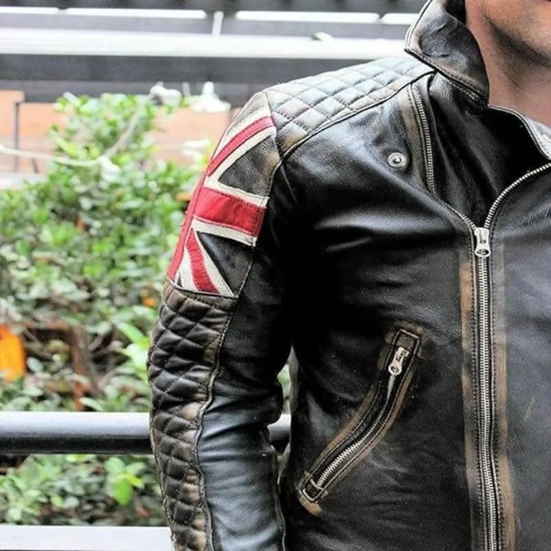 Men's Vintage Cafe Racer UK Flag Quilted Motorcycle Leather Jacket | Patriotic Biker Jacket for Men British