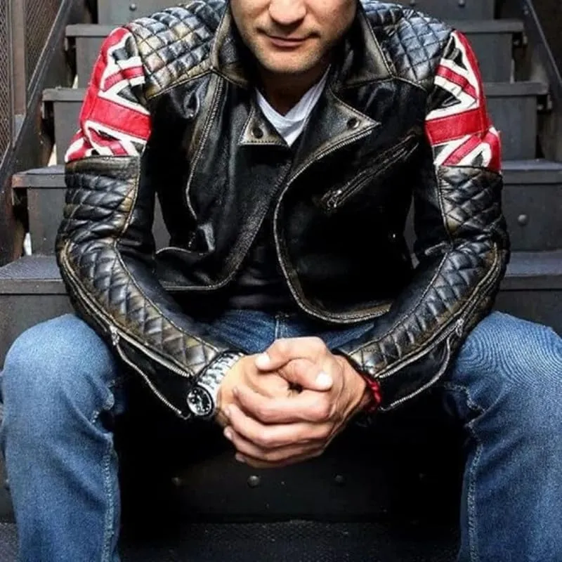 Men's Vintage Cafe Racer UK Flag Quilted Motorcycle Leather Jacket | Patriotic Biker Jacket for Men British