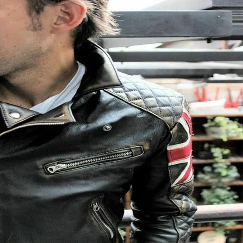 Men's Vintage Cafe Racer UK Flag Quilted Motorcycle Leather Jacket | Patriotic Biker Jacket for Men British