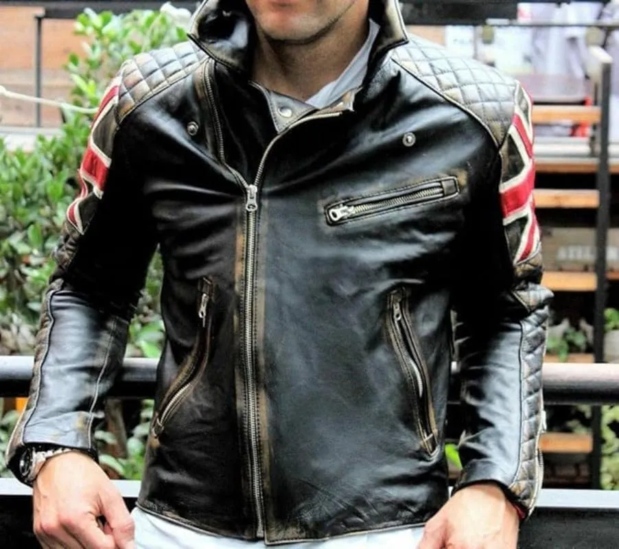 Men's Vintage Cafe Racer UK Flag Quilted Motorcycle Leather Jacket | Patriotic Biker Jacket for Men British