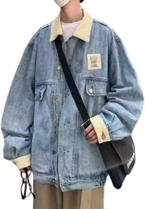 Men's Vintage Relaxed Trucker Denim Jacket Button Down Jeans Coat Unisex Harajuku Hip Hop Y2k Aesthetic Streetwear