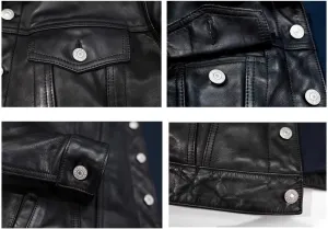 Men's Vintage Trucker Real Lambskin Leather Jacket - Western Motorcycle Cowboy Denim Leather Jacket