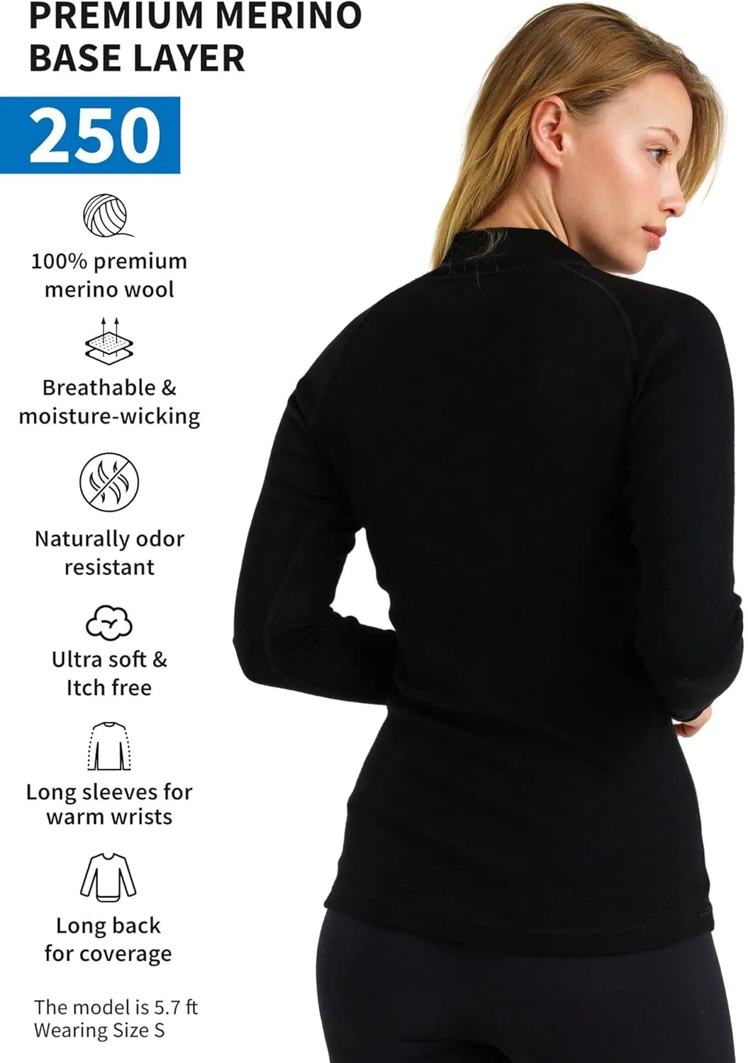 Merino Wool Base Layer Women - 100% Merino Half Zip Sweater Women Lite, Midweight, Heavyweight Thermal Shirts and Socks