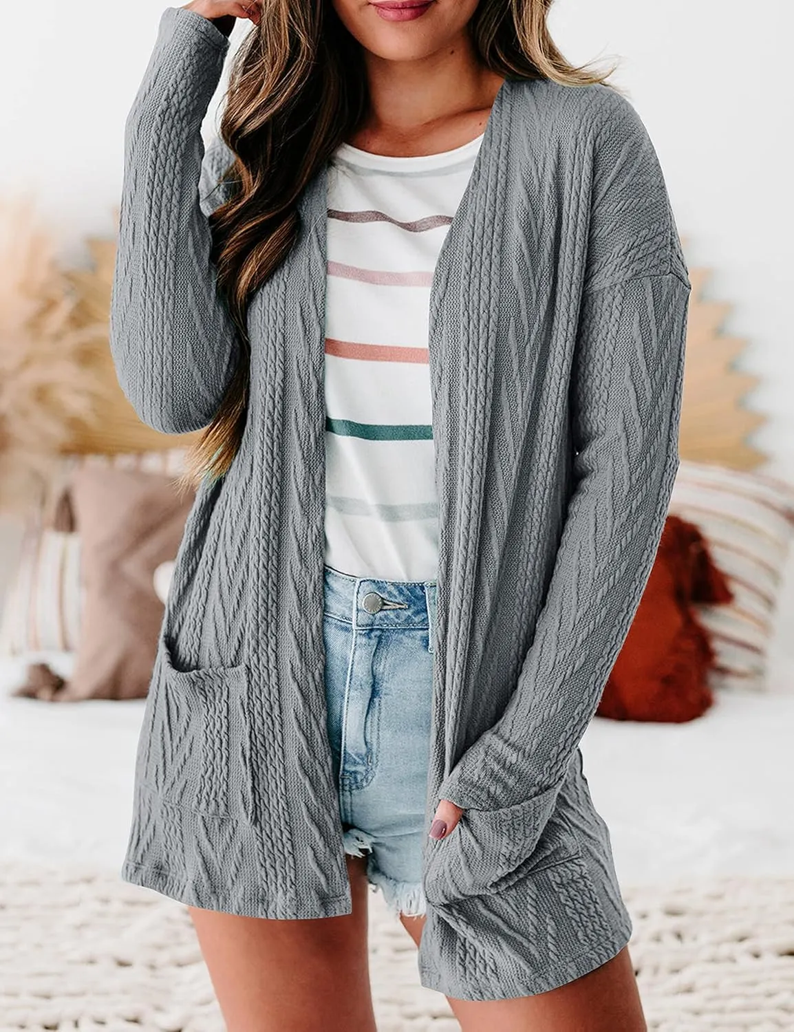MEROKEETY Women's Casual Long Sleeve Open Front Cable Knit Cardigans Lightweight Solid Color with Pockets