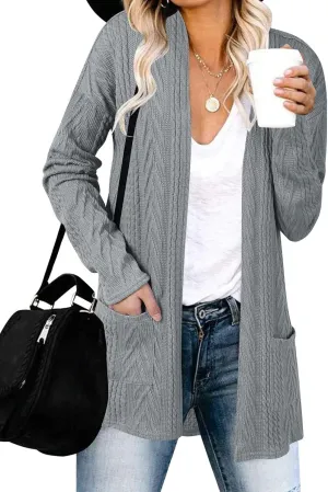 MEROKEETY Women's Casual Long Sleeve Open Front Cable Knit Cardigans Lightweight Solid Color with Pockets