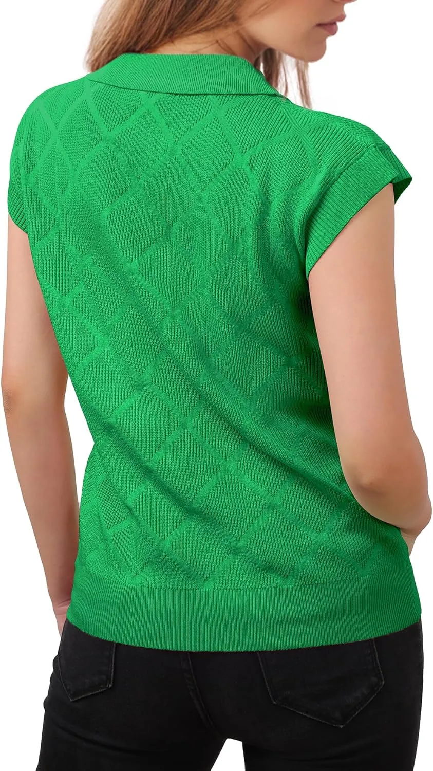 Messic Womens Cap Sleeve Sweater Lapel V Neck Casual Knit Pullover Tops 2024