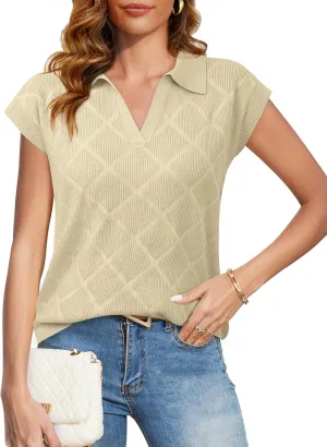 Messic Womens Cap Sleeve Sweater Lapel V Neck Casual Knit Pullover Tops 2024