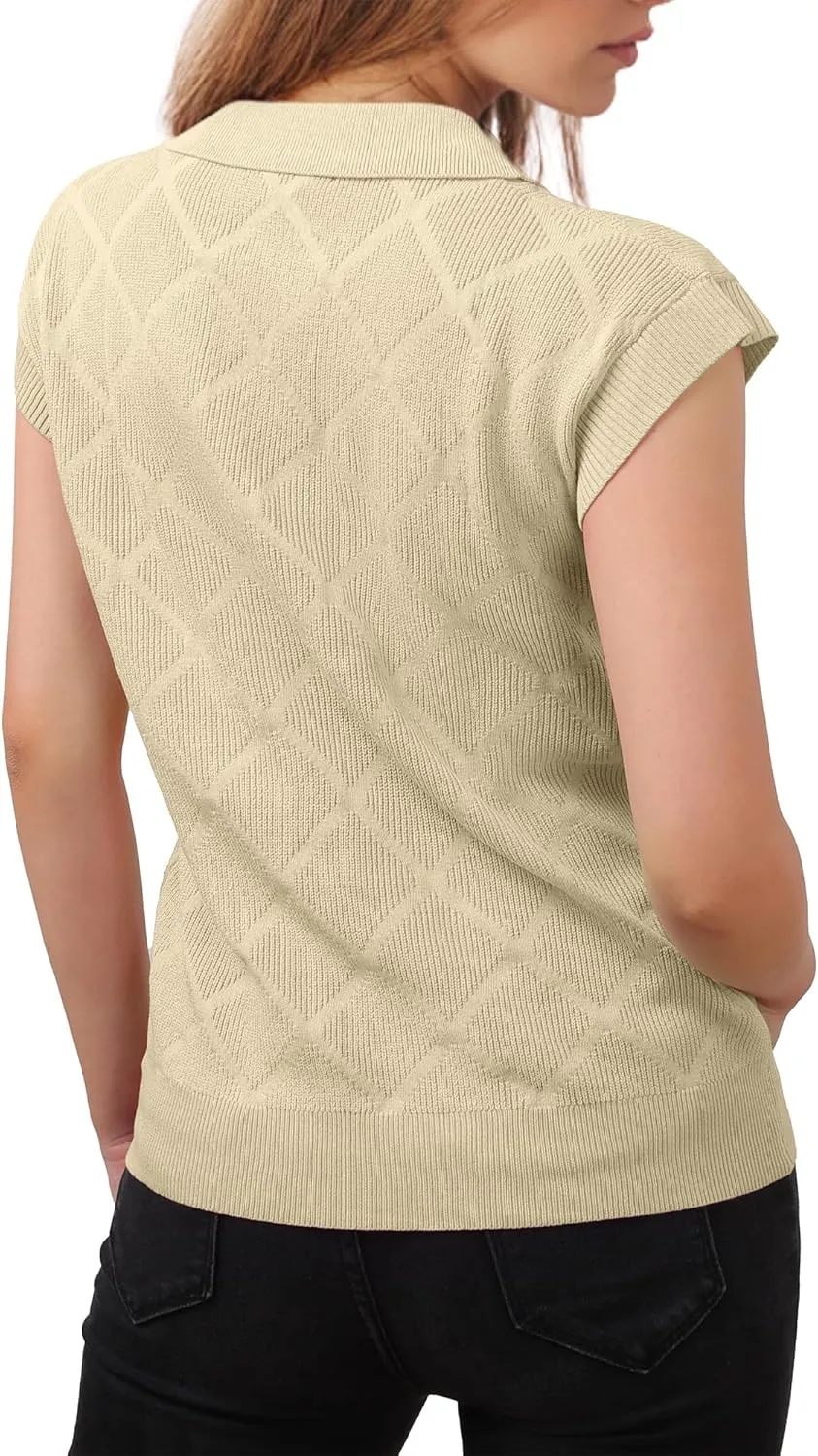 Messic Womens Cap Sleeve Sweater Lapel V Neck Casual Knit Pullover Tops 2024