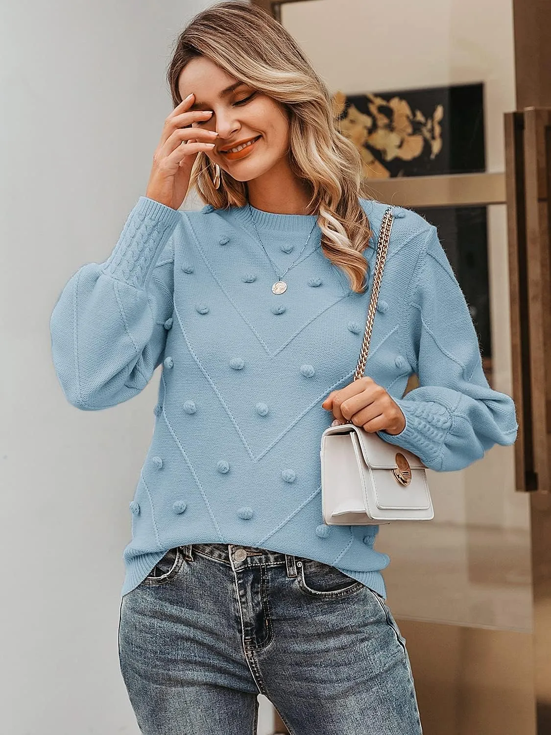 Miessial Women's Fall Crew Neck Pullover Sweater Cute Long Puff Sleeve Chunky Knit Sweater Pompom Jumper Top