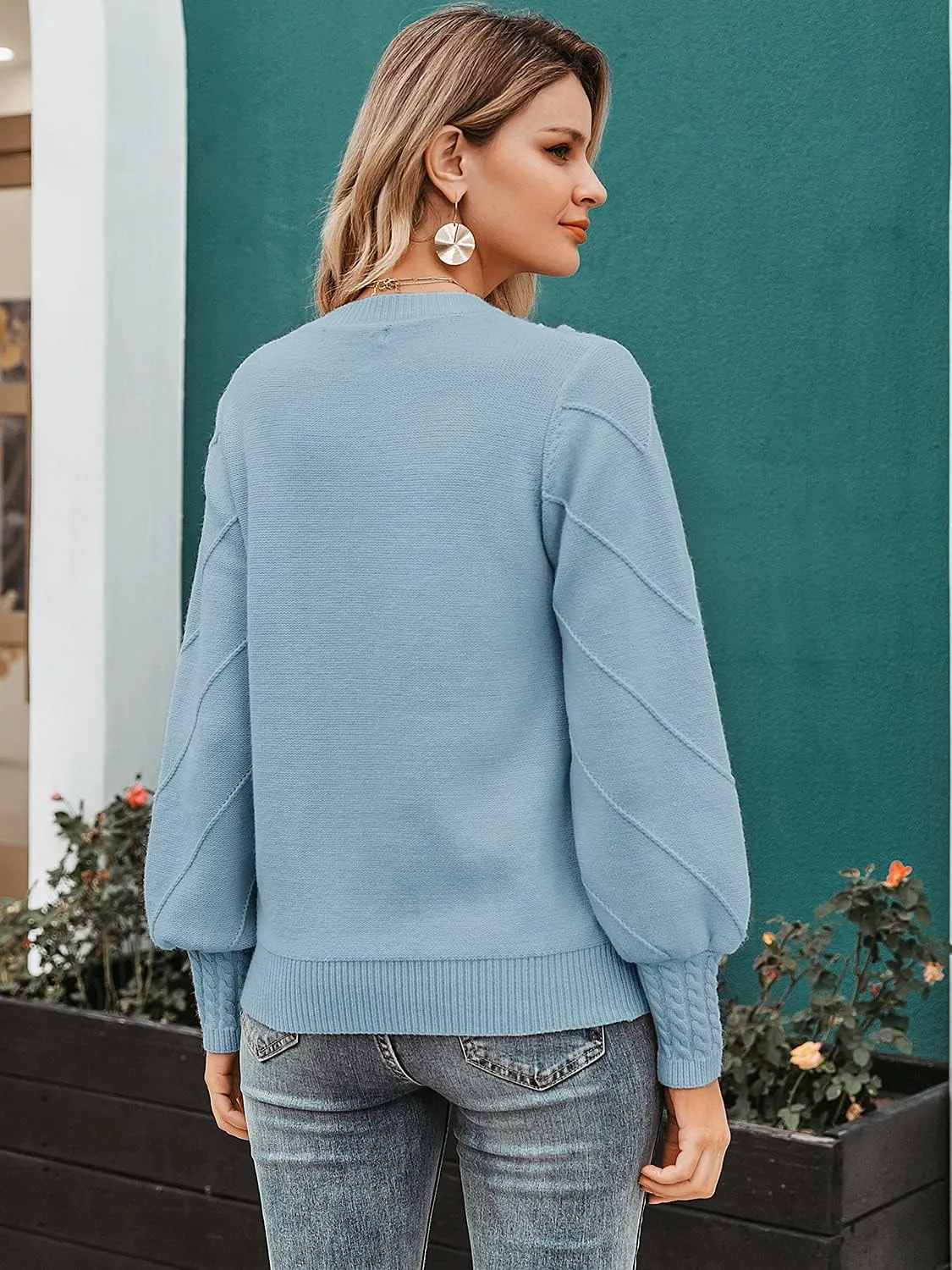Miessial Women's Fall Crew Neck Pullover Sweater Cute Long Puff Sleeve Chunky Knit Sweater Pompom Jumper Top