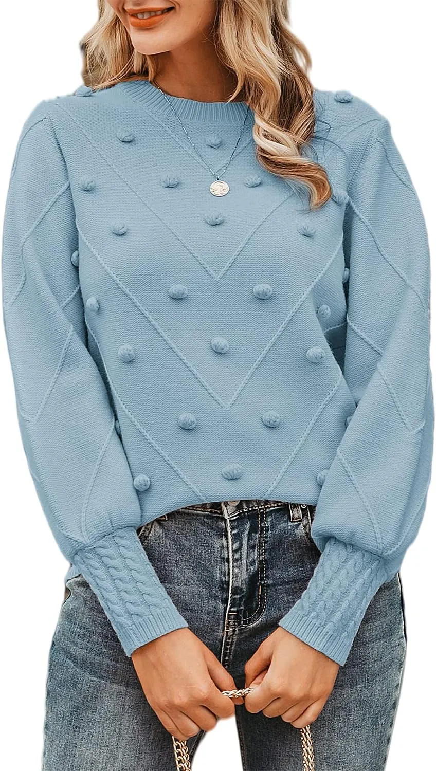 Miessial Women's Fall Crew Neck Pullover Sweater Cute Long Puff Sleeve Chunky Knit Sweater Pompom Jumper Top