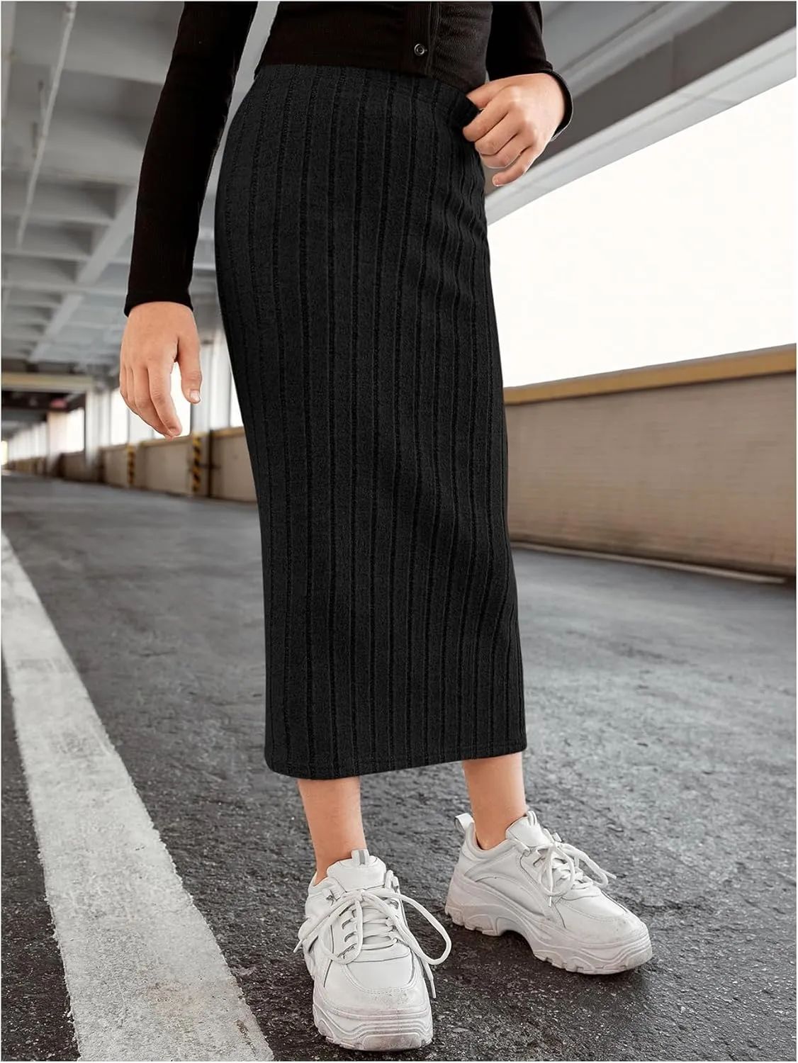 Milumia Girl's High Waist Rib Knit Long Skirt Solid Casual Straight Maxi Skirts