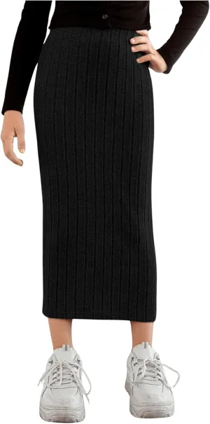 Milumia Girl's High Waist Rib Knit Long Skirt Solid Casual Straight Maxi Skirts