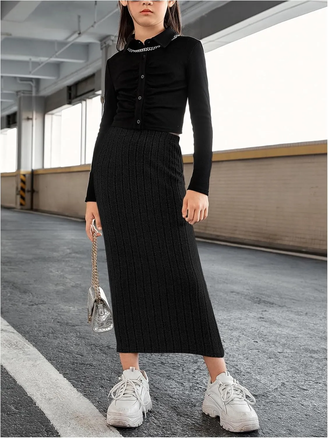 Milumia Girl's High Waist Rib Knit Long Skirt Solid Casual Straight Maxi Skirts
