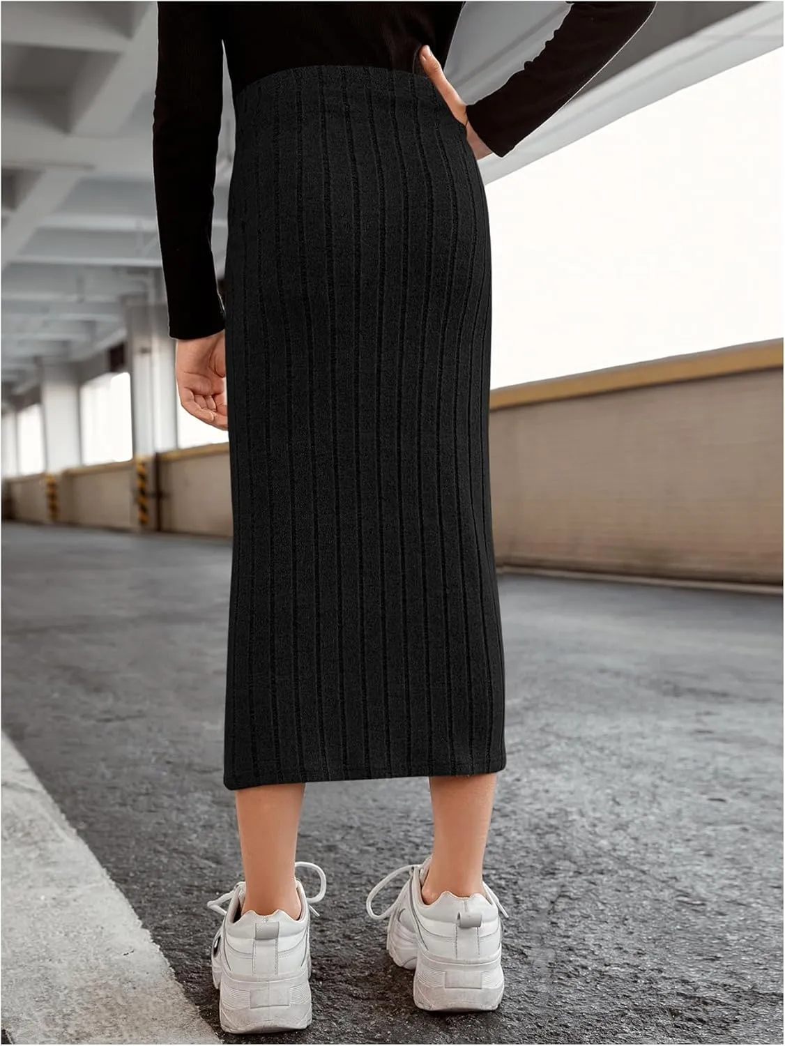 Milumia Girl's High Waist Rib Knit Long Skirt Solid Casual Straight Maxi Skirts