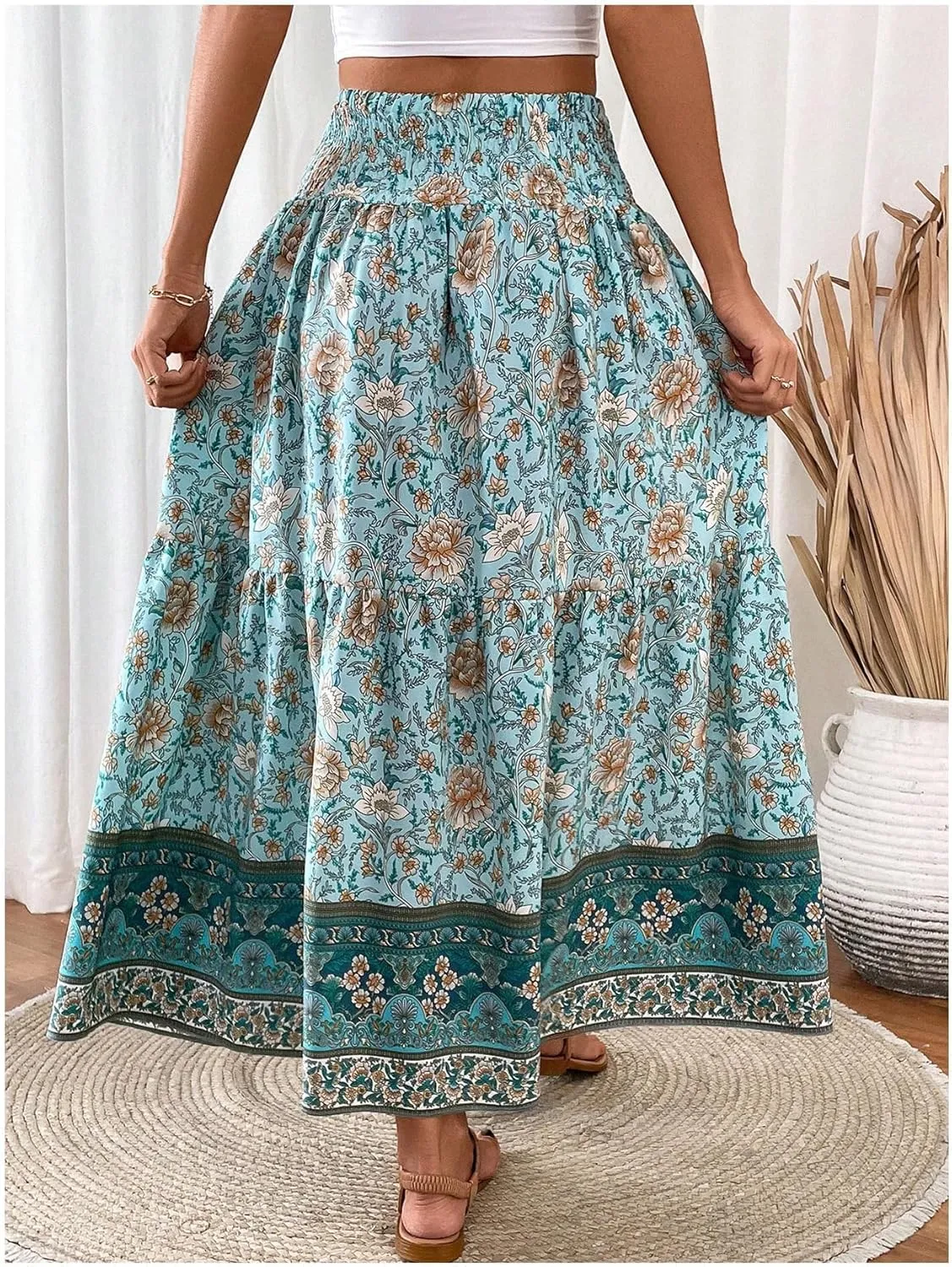 Milumia Women Boho Floral Maxi Skirt High Waist Vacation Flowy Long Skirts