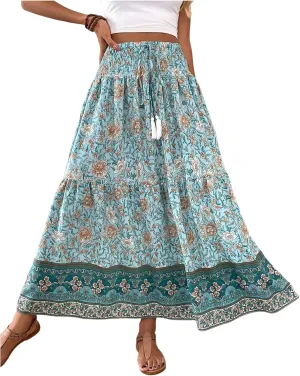Milumia Women Boho Floral Maxi Skirt High Waist Vacation Flowy Long Skirts