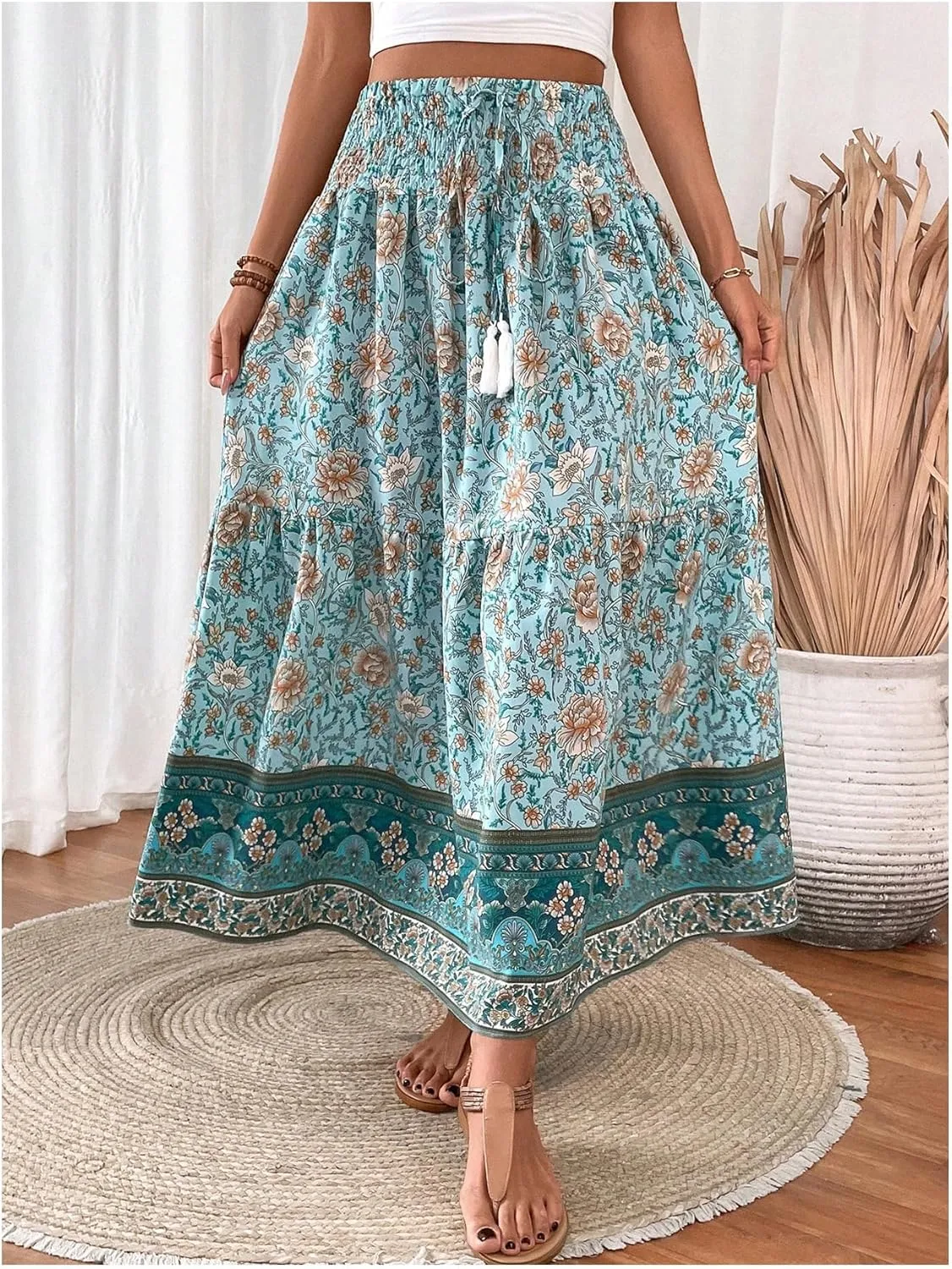 Milumia Women Boho Floral Maxi Skirt High Waist Vacation Flowy Long Skirts